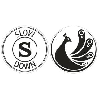 Motiv-Label slow down, Pfau, 2 teilig
